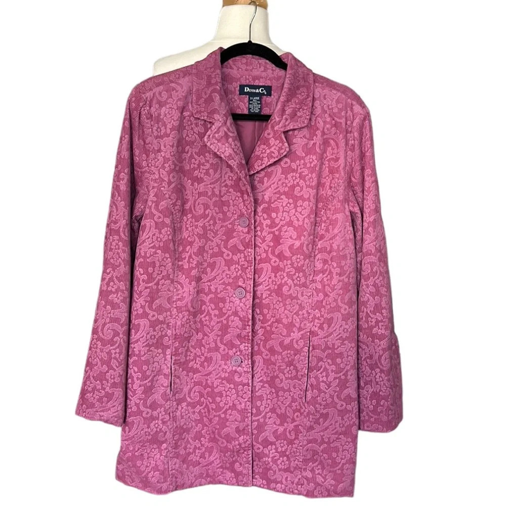 DENIM & Co. Orchid Corduroy Barn Coat Chore Jacket Floral Jacquard Lined Size XL